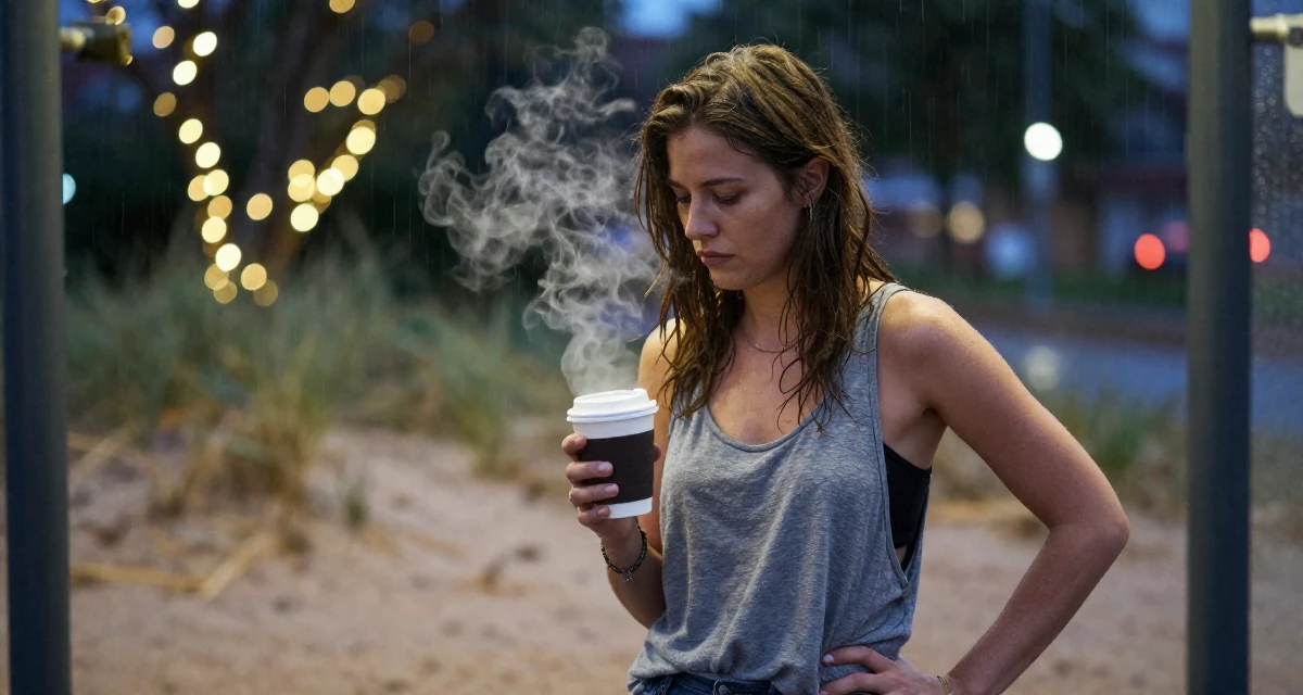 A melancholic Female From Netherlands, studied digital media and interaction design in their 23, handling occasional negative comments professionally, wearing a loose tank top with deep side cuts, inspecting an object in a bus stop in the rain.