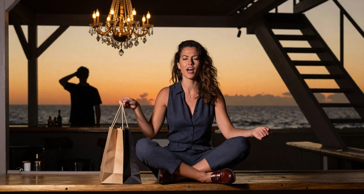 A energetic Female From Australia, based in Gold Coast, graduated from a media academy majoring in sensual creative direction in their 41, rediscovering personal style after forty, wearing a polished loafer and trousers look, holding a shopping bag in a beach bar.