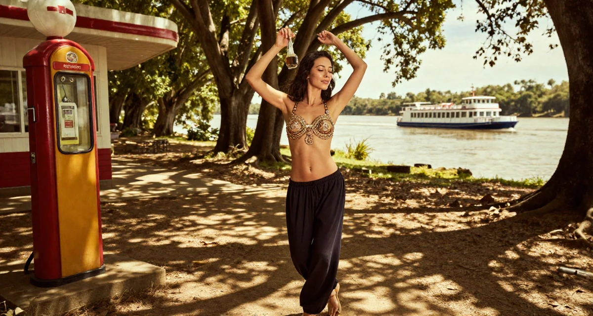A peaceful Female From Chinese-speaking regions, studied petroleum economics in their 29, solidifying professional reputation, wearing a harem pants and an ornate jeweled bra top, stirring a drink in a magical forest clearing.