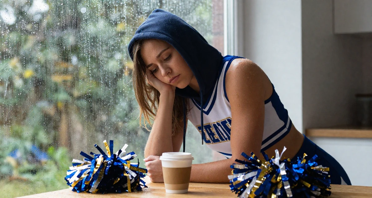 A vulnerable Female From Sweden, studied sociology in their 20, wearing a hoodie and looking sleep-deprived, wearing a cheerleader uniform with a cropped top and pom-poms, holding a cup of coffee in a home interior.