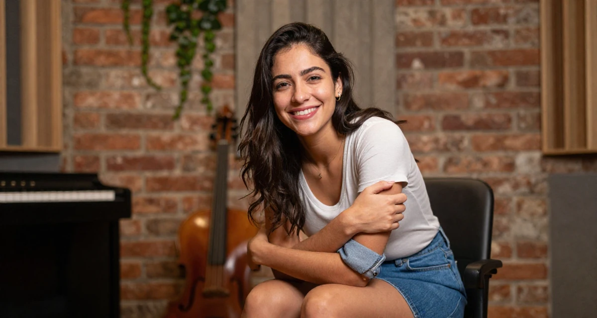 A bright and optimistic Female From Costa Rica, studied environmental engineering in their 25, making peace with early awkward content, wearing a fitted scoop neck tee and a denim mini skirt, rolling up sleeves in a music studio.