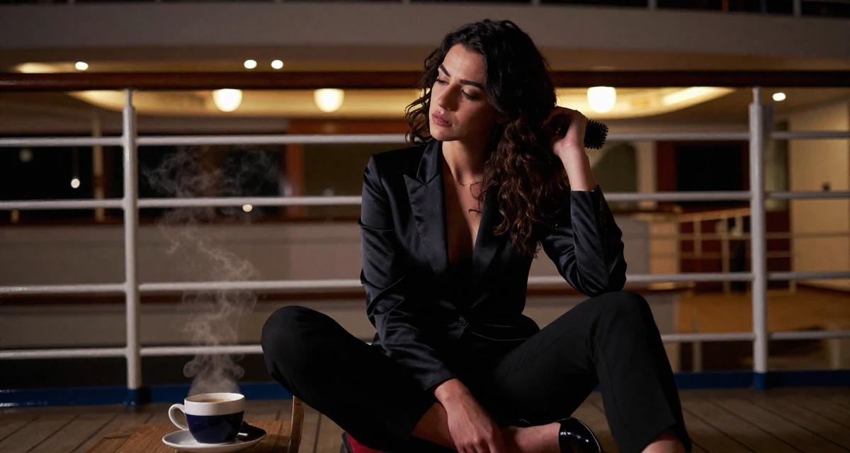 A bored Female From Lebanon, majored in digital journalism in their 23, learning how to say “no” to requests outside comfort, wearing a satin lapel blazer and tuxedo pants, brushing hair back in a cruise ship deck.