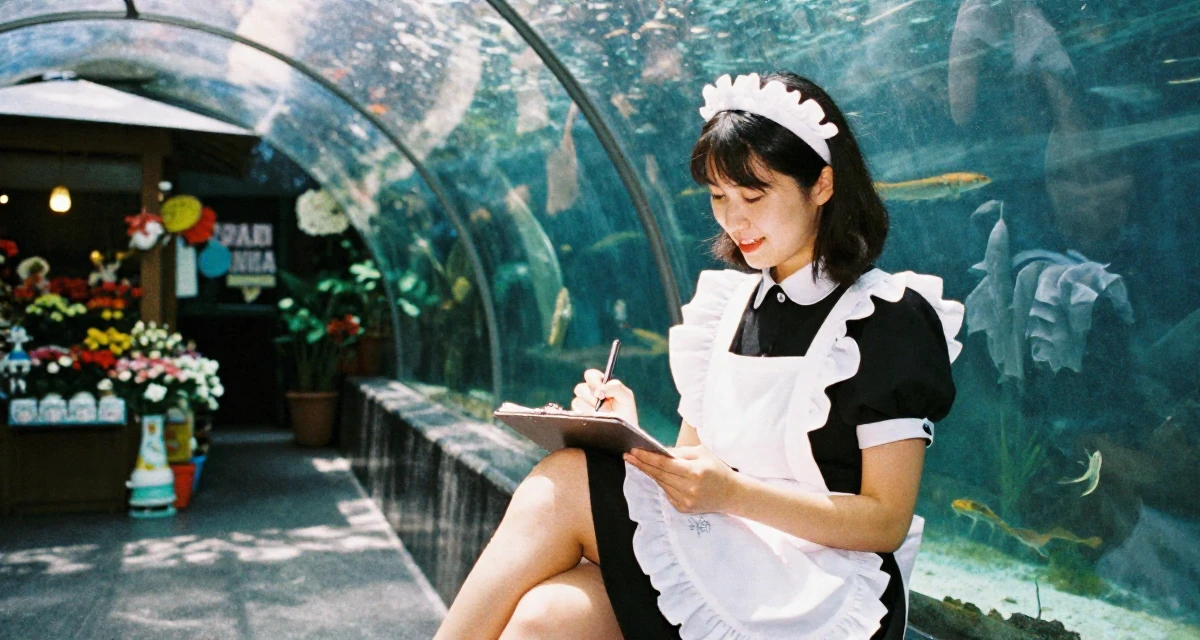 A glowing Female From Singapore, based in Tampines, graduated from a polytechnic majoring in business analytics in their 38, supporting spouse’s career shift, wearing a maid outfit with a white apron and ruffled headband, sketching on a pad in a aquarium tunnel.