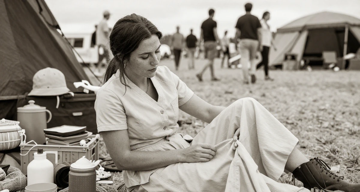 A engrossed Female Former veterinary assistant, now sharing soft pet-inclusive content in their 41, expert in digital marketing for small biz, wearing a soft pastel-colored ensemble, smoothing down a dress in a camping site.
