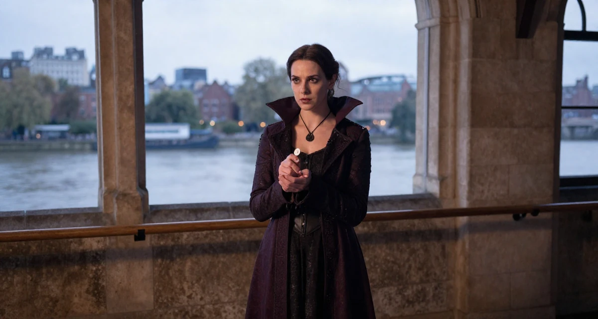 A deeply thinking Female Raised in the UK, studied marketing strategy in their 37, rebuilding savings after unexpected expenses, wearing a gothic vampire hunter outfit with a long coat, flipping a coin in a ballet studio.