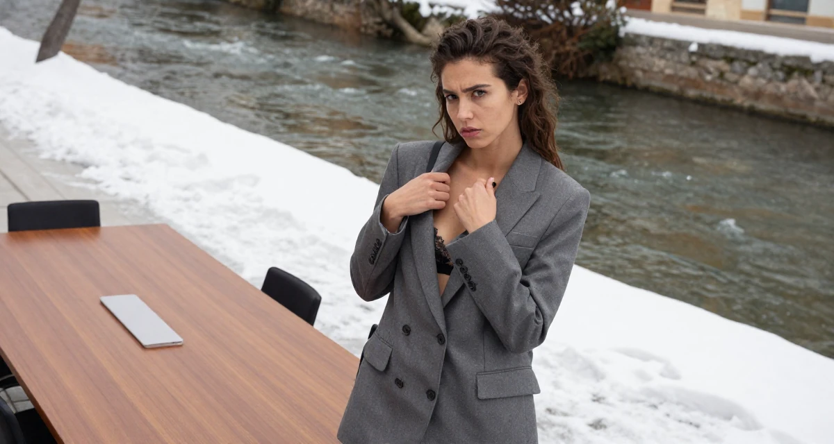 A disinterested Female From Valencia Spain, learned lifestyle videography for warm climates in their 21, constantly documenting life for an audience, wearing a fitted blazer with nothing underneath but a lace bra (hinted), adjusting a shoulder strap in a snowy sidewalk.