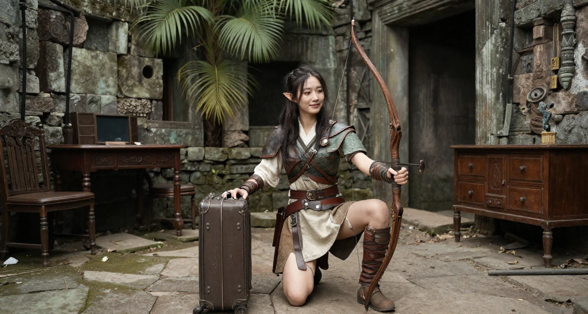 A gentle and kind Female From Hangzhou China, majored in visual arts in their 22, learning to advocate for personal boundaries, wearing a fantasy elven archer outfit with leather armor details, pulling a suitcase in a ancient stone ruins.