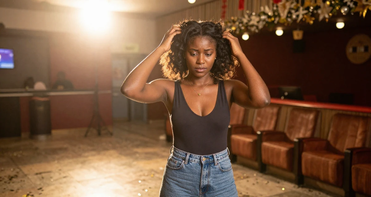 A troubled Female From Zambia, majored in marketing communication in their 32, managing high-stakes projects with calm, wearing a open-back bodysuit with vintage denim jeans, messing up hair playfully in a cinema lobby.