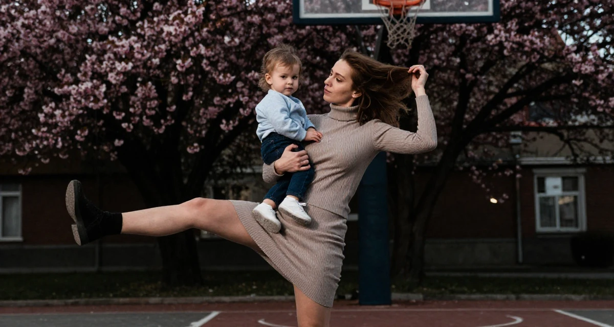 A sultry Female From Bulgaria, based in Varna, graduated from an arts college majoring in atmospheric performance aesthetics in their 35, raising a toddler while building a business, wearing a fitted turtleneck and skirt, twirling a lock of hair in a basketball court.