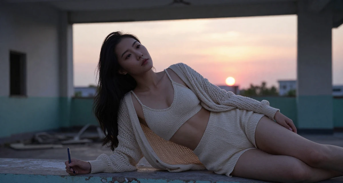 A zoned out Female From Bangkok Thailand, studied tourism management in their 28, saving aggressively for first home, wearing a knitted bralette and a matching cardigan with shorts, holding a pen in a abandoned hospital.