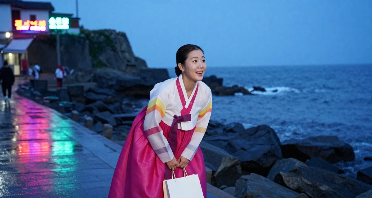 A optimistic Female From Spain, majored in journalism in their 25, building long-term loyalty with core subscribers, wearing a traditional hanbok modified for a modern look, holding a shopping bag in a rocky ocean cliff.