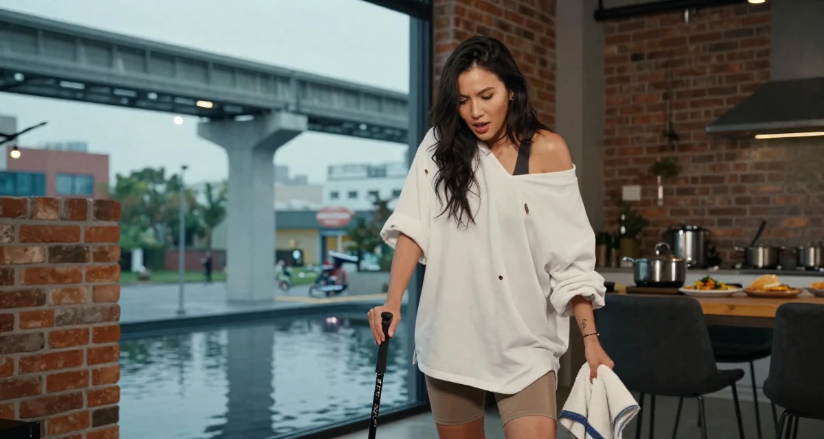 A passionate Female Born overseas, studied communication studies in their 31, learning to cook gourmet meals at home, wearing a oversized white shirt worn off one shoulder and biker shorts, holding a gym towel in a loft apartment with brick walls.