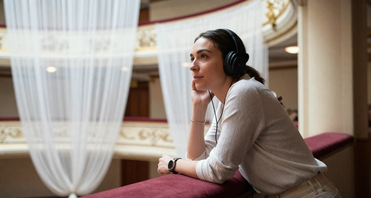 A unbothered Female Previously a corporate HR specialist, now a digital intimacy coach in their 37, sharing tips for successful networking, wearing a clean, neutral-toned casual outfit, listening to music with headphones in a opera house balcony.