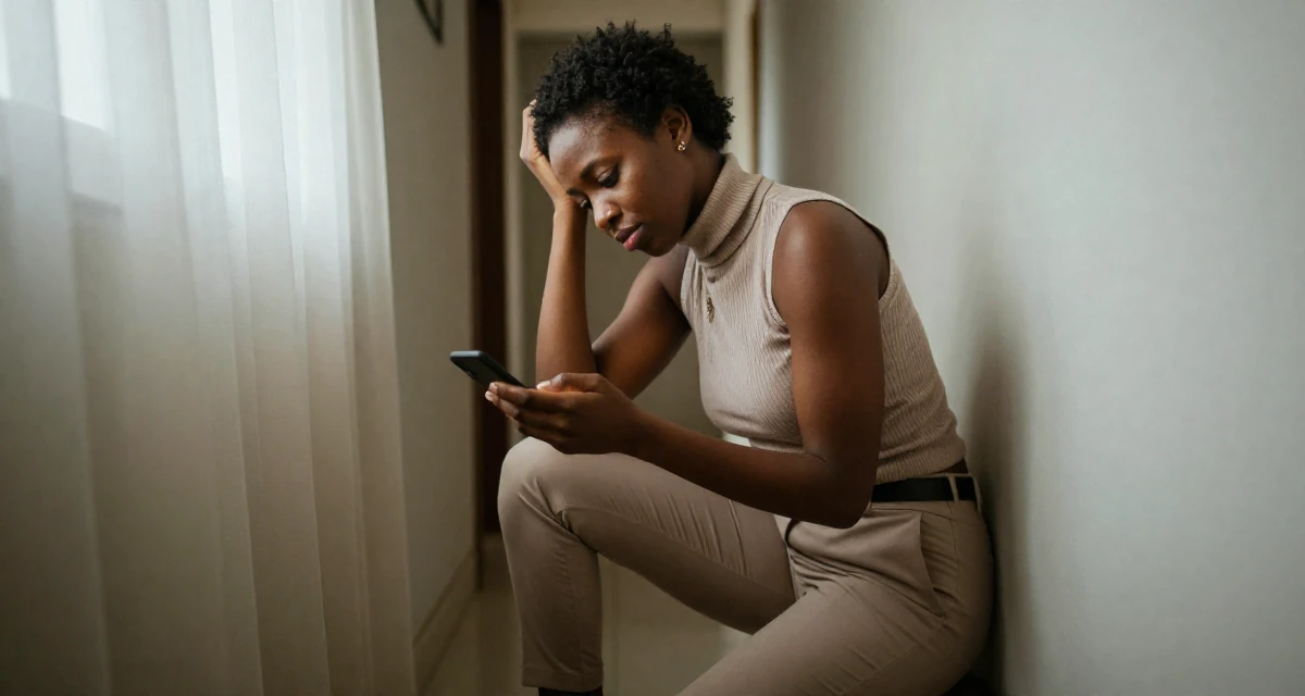 A charming Female From Zimbabwe, studied computer programming in their 22, exhausted from the hustle of side gigs, wearing a sleeveless turtleneck top and tailored cigarette pants, inspecting an object in a narrow hallway.