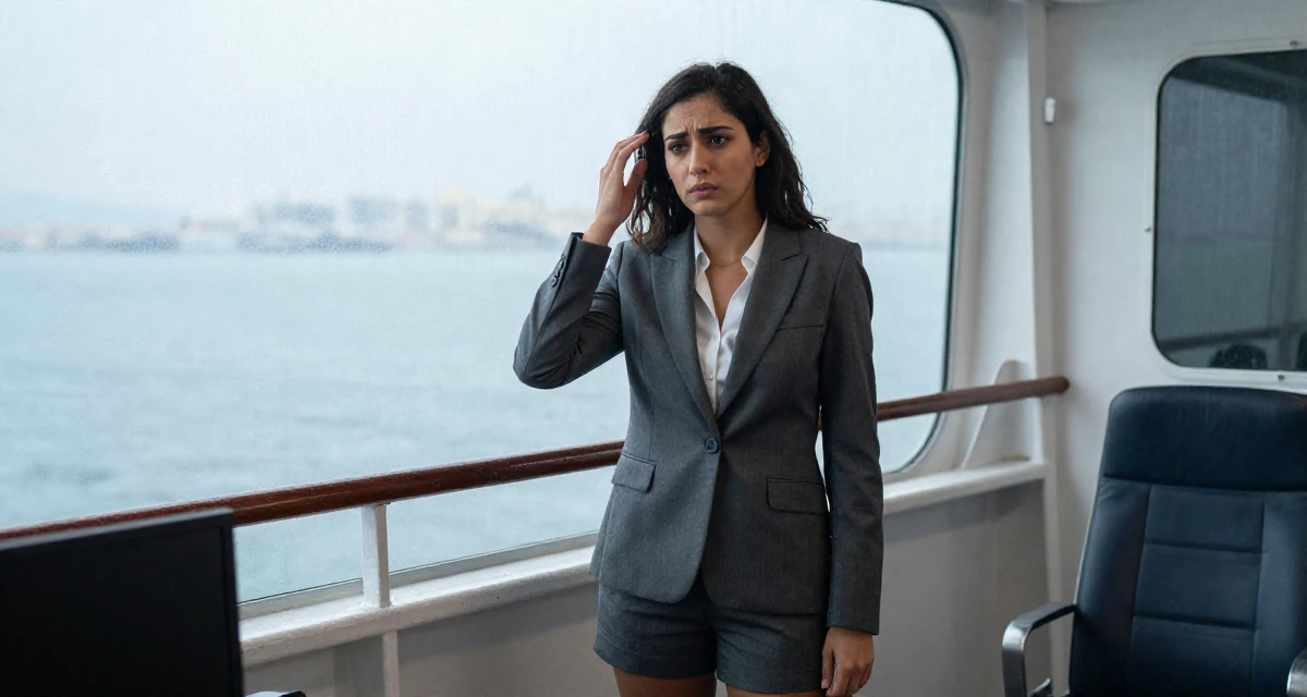 A worried Female From Dubai UAE, majored in marketing in their 21, trying to act professional at a first internship, wearing a tailored shorts suit with a matching jacket, retouching hair volume in a ferry deck.