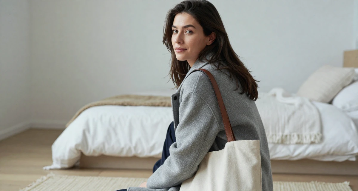 A lighthearted Female Once a junior photographer, now the subject of her own shoots in their 31, investing in personal health and fitness, wearing a elegant woolen coat styling, carrying a tote bag in a minimalist bedroom.