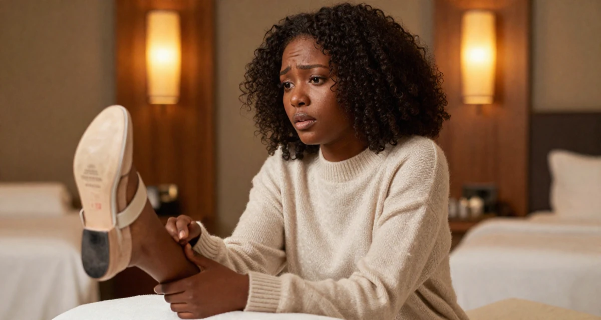 A emotionally moved Female From Nigeria, majored in business communication in their 25, appreciating quiet mornings and routines, wearing a soft cashmere sweater look, dangling a shoe from one foot in a luxury spa room.