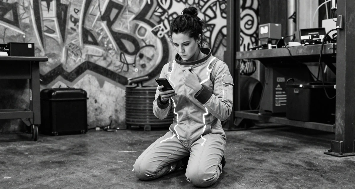 A focused and sharp Female From Canada, majored in sociology and gender studies in their 21, struggling to disconnect from social media, wearing a futuristic space pilot plugsuit with glowing lines, adjusting a collar in a mechanic garage.