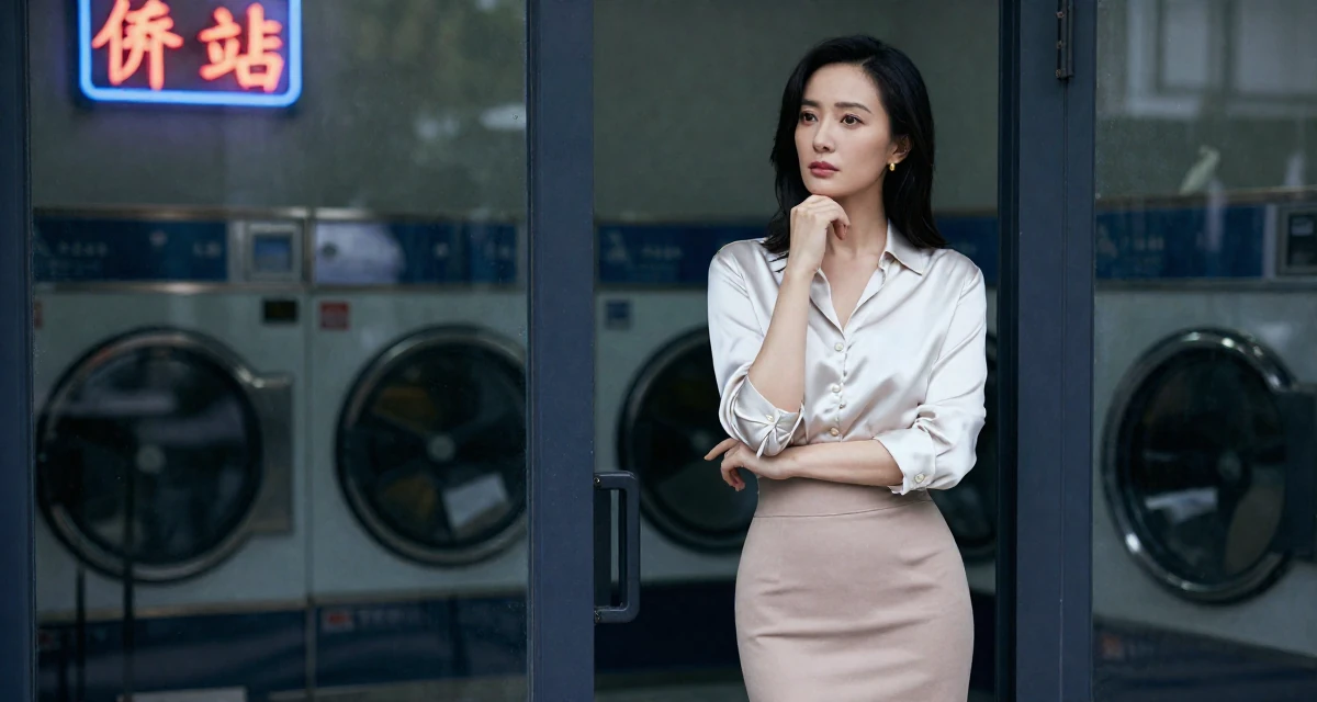 A determined Female From Suzhou China, grew up in a family tailoring business, learning costume craft in their 46, passionate about classic literature and arts, wearing a tight pencil skirt and a tucked-in silk blouse, leaning against a door in a laundromat with neon signs.