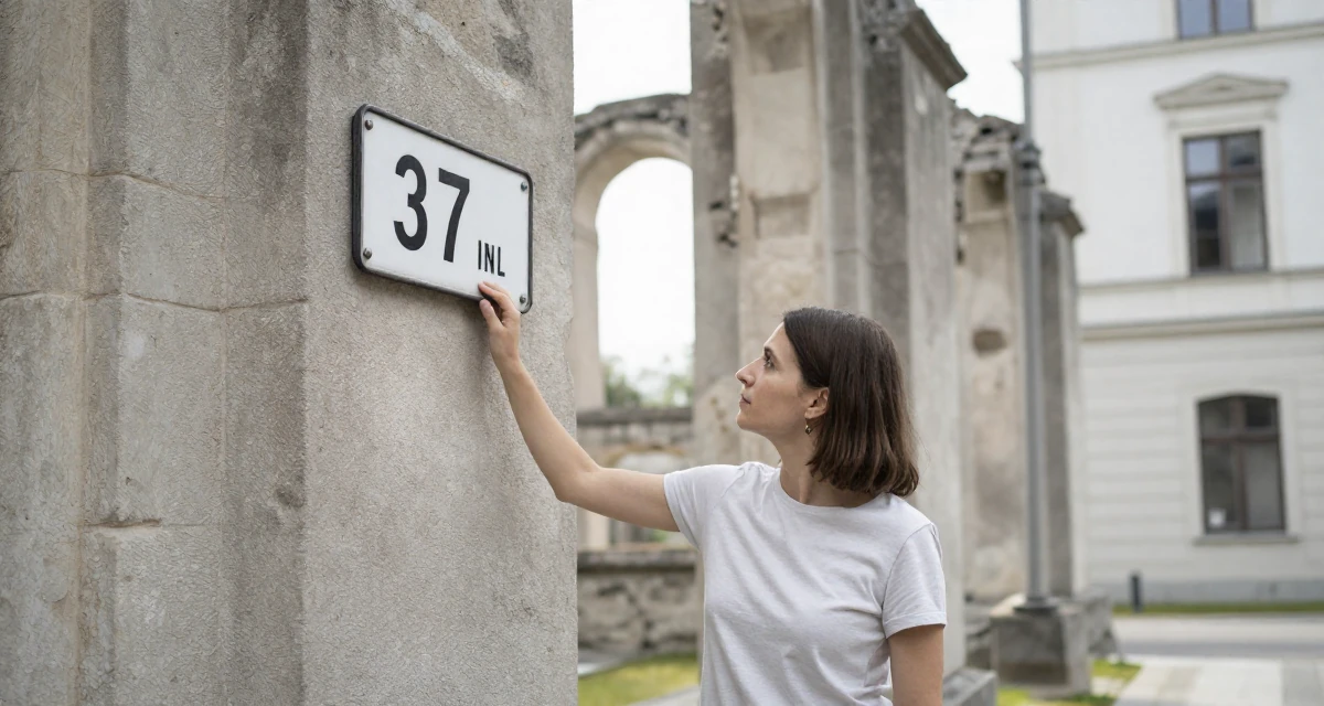 A deeply absorbed Female From Austria, based in Graz, graduated from an arts academy majoring in emotional portrait direction in their 37, rebuilding savings after unexpected expenses, wearing a minimalist everyday clothing, looking at a street sign in a ancient stone ruins.