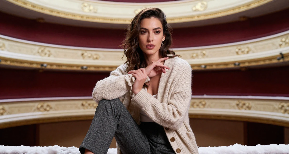 A mysterious Female From Ecuador, studied system engineering in their 25, demanding respect in professional settings, wearing a cozy knit cardigan and slacks, rubbing hands together for warmth in a opera house balcony.