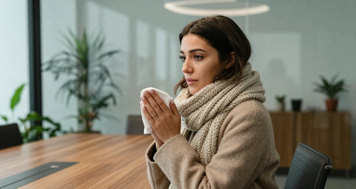 A emotional Female Raised in Peru, studied advertising management in their 23, realizing “less is more” in seductive storytelling, wearing a heavy knit scarf and coat, wiping hands in a glass-walled conference room.