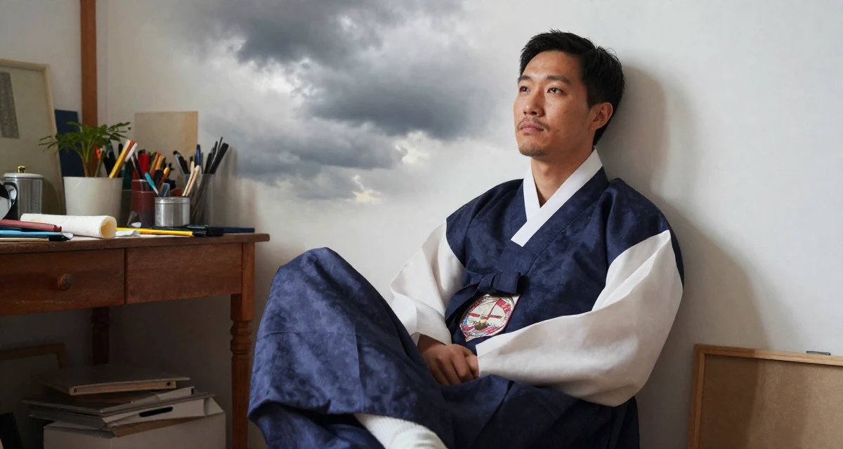 A zoned out male From Netherlands, studied media and culture in their 35, creating plant-based recipes for families, wearing a traditional hanbok modified for a modern look, crossing legs in a messy artist studio.