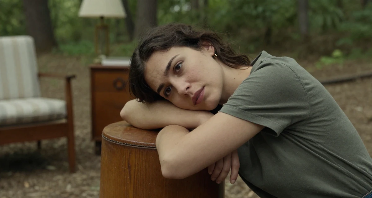 A thoughtful Female From Turkey, based in Antalya, graduated from a film school majoring in mood-driven visual expression in their 28, saving aggressively for first home, wearing a muted olive green tones, stretching the neck in a magical forest clearing.