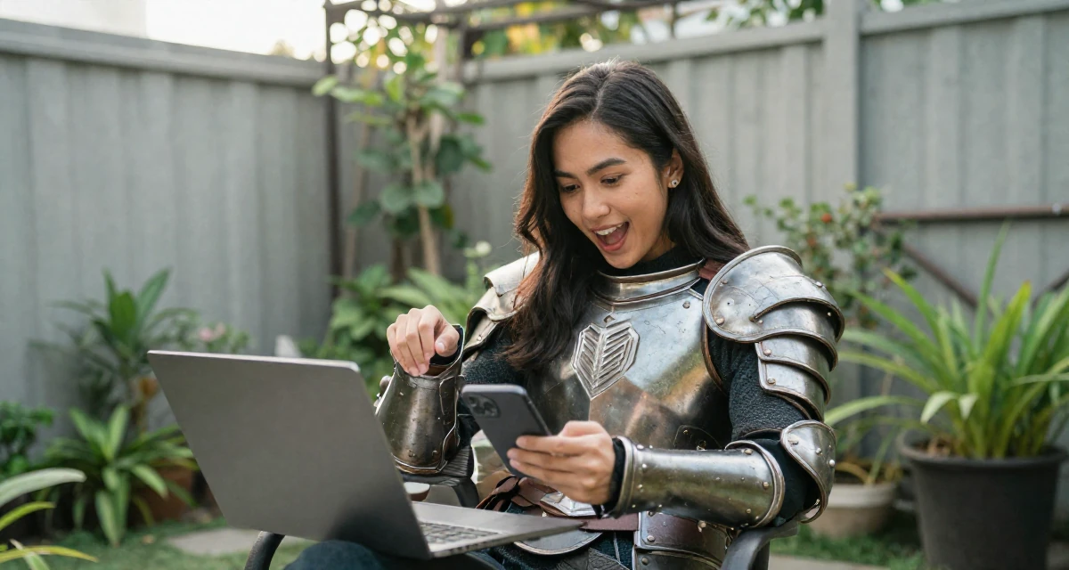 A playful and energetic Female From the Philippines, based in Davao, graduated from a communication program majoring in fan engagement dynamics in their 30, first-time entrepreneur building a startup, wearing a battle-damaged armor showing skin underneath, scrolling casually in a backyard garden.