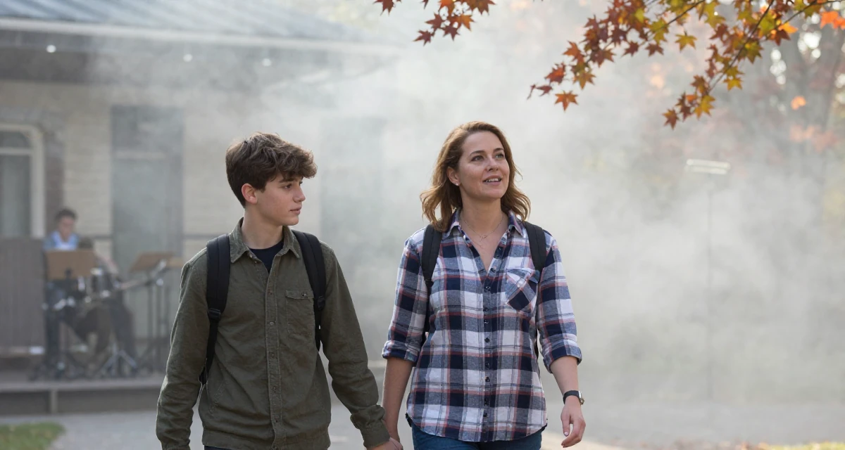 A warm Female Former sales rep, now leveraging charisma for digital storytelling in their 41, confident mother of teenagers sharing advice, wearing a casual plaid button-down, clasping hands together in a concert hall.