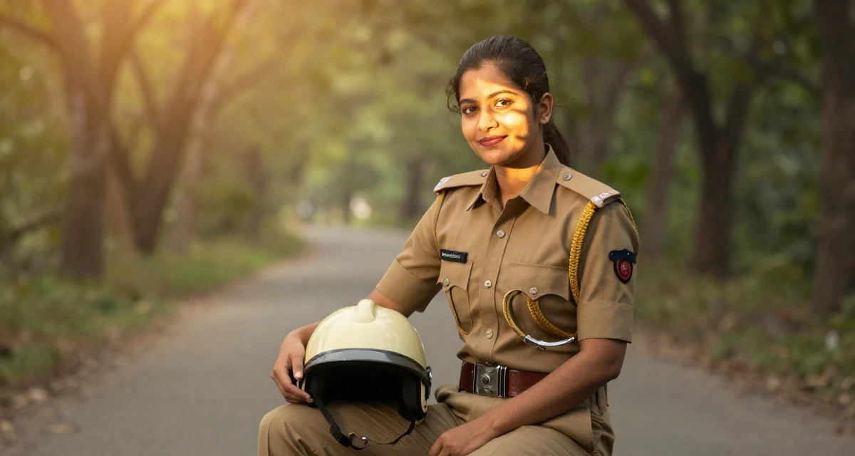 A amused Female From Bangladesh, studied textile engineering in their 38, investing in real estate and passive income, wearing a police officer uniform with a badge and handcuffs, holding a helmet in a photo studio.