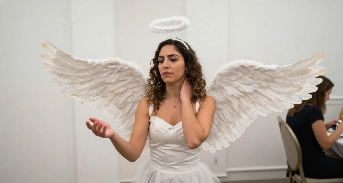 A quiet Female From Israel, studied behavioral economics in their 35, juggling co-parenting and a dating life, wearing a angel costume with large feathered wings and a halo, massaging the neck in a banquet hall.