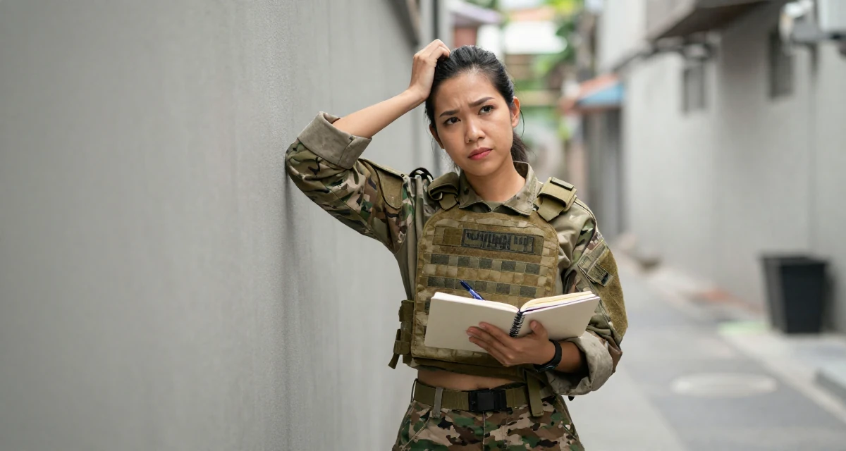 A triumphant Female From Thailand, majored in tourism in their 23, balancing bold expression with emotional boundaries, wearing a tactical military gear with a cropped vest and cargo pants, scratching the head in confusion in a quiet alleyway.