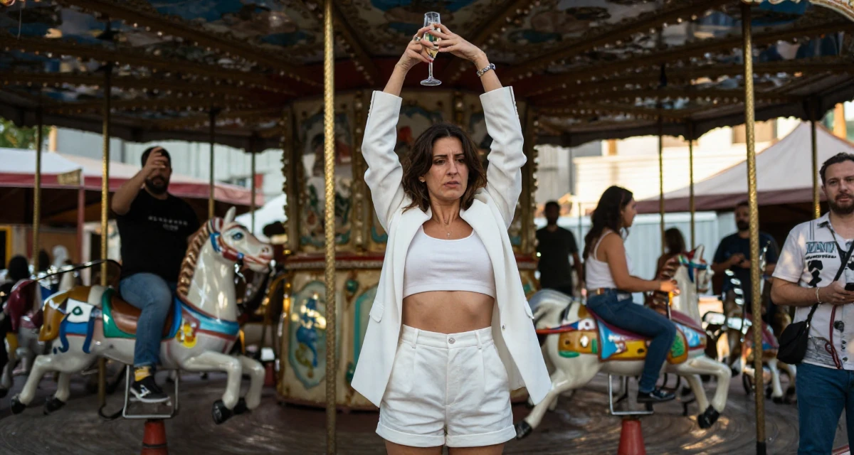 A melancholic Female From Istanbul Türkiye, learned belly dance and expressive movement in their 25, building confidence through small achievements, wearing a white blazer and matching white shorts, holding a champagne glass in a carnival with rides.