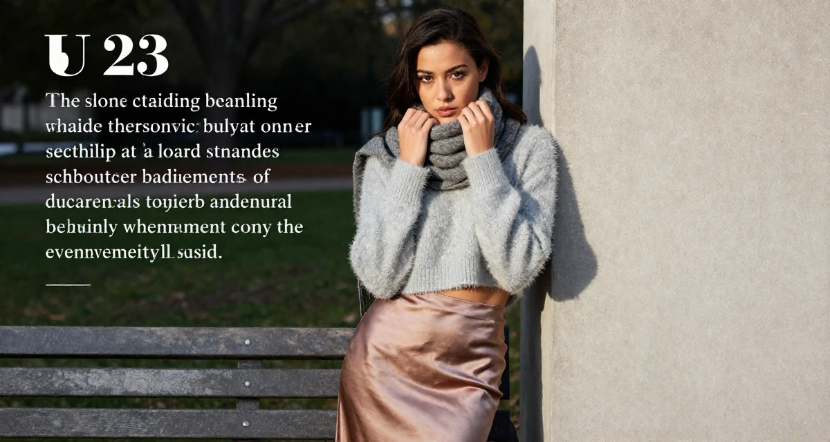 A shy Female From USA, studied marketing and consumer behavior in their 23, seeking validation through achievement, wearing a satin midi skirt and a fuzzy cropped sweater, wrapping a scarf around the neck in a park bench.