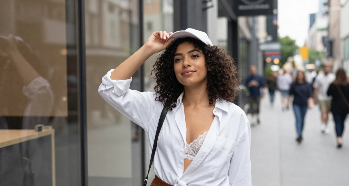 A relaxed and carefree Female Former receptionist at a spa, now blending wellness with creator content in their 22, entering the workforce with limited experience, wearing a white button-down shirt worn open over a lace bra, tipping a hat in a bustling city street.