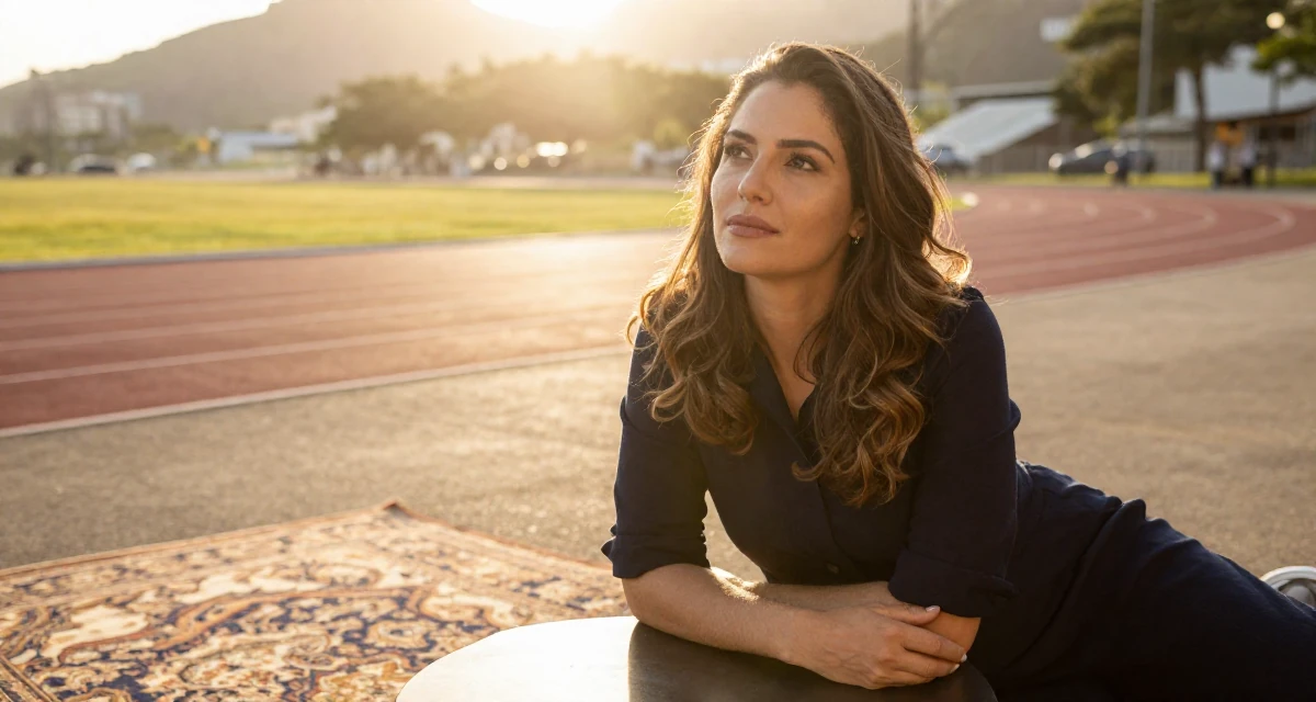 A dreamy Female From Rio de Janeiro Brazil, majored in public relations in their 40, starting a business after years of corporate life, wearing a dark academia inspired outfit, resting hands on a table in a running track.