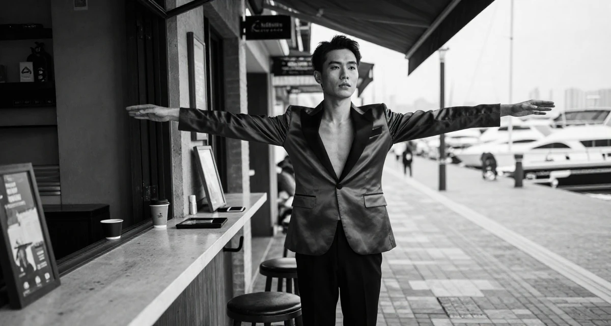 A ethereal male From Shenzhen China, studied makeup artistry while modeling part-time in their 40, turning a lifelong hobby into a profession, wearing a satin lapel blazer and tuxedo pants, stretching arms in a urban street.