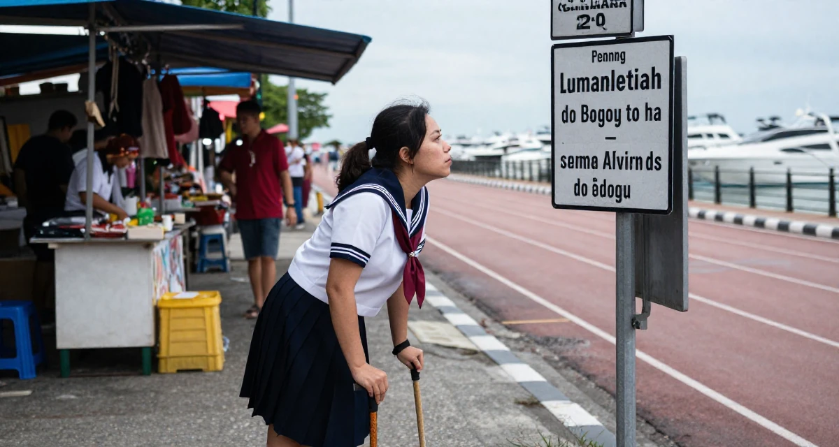 A focused Female From Penang Malaysia, explored sensual storytelling through dance videos in their 39, reflecting on a decade of professional growth, wearing a Japanese school sailor uniform (seifuku) with a pleated skirt, looking at a street sign in a running track.