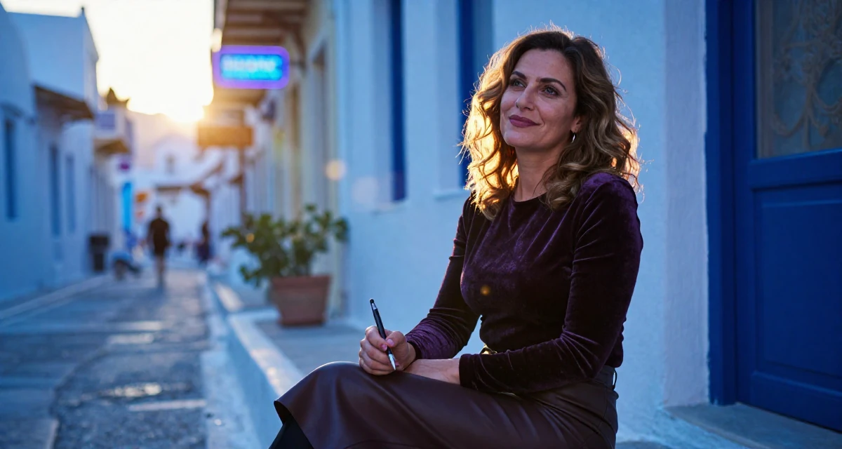 A relaxed Female From Greece, based in Athens, graduated from a design academy majoring in romantic-themed media in their 50, established authority in a niche industry, wearing a fitted velvet top and a leather skirt, holding a pen in a neon-lit street.