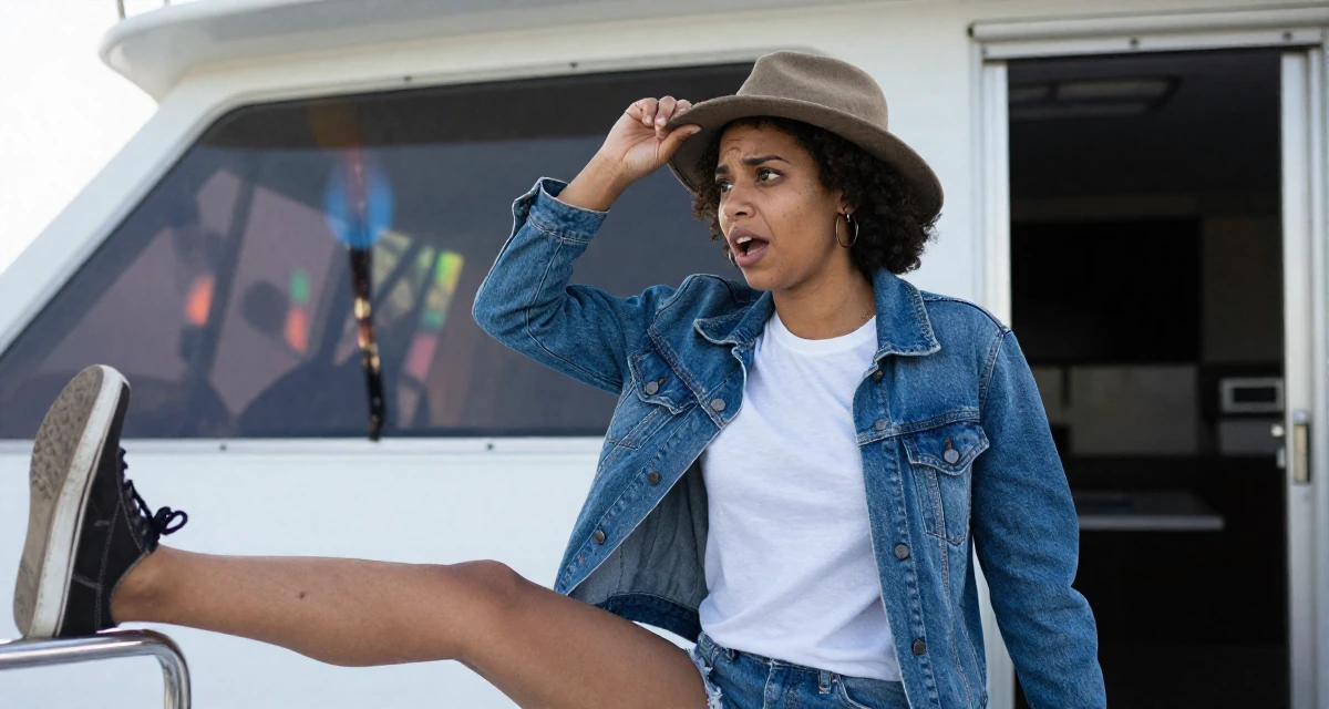 A enthusiastic Female From Cape Town South Africa, studied film editing in their 23, feeling pressure to “figure life out” quickly, wearing a classic denim jacket and white tee, adjusting a hat in a yacht deck.