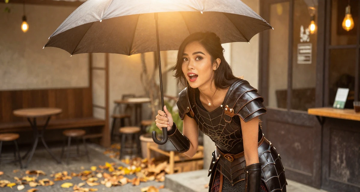 A vibrant Female From Bangkok Thailand, studied tourism management in their 28, investing in high-quality lifestyle upgrades, wearing a dark elf leather armor with spiderweb motifs, holding an umbrella in a coffee shop corner.