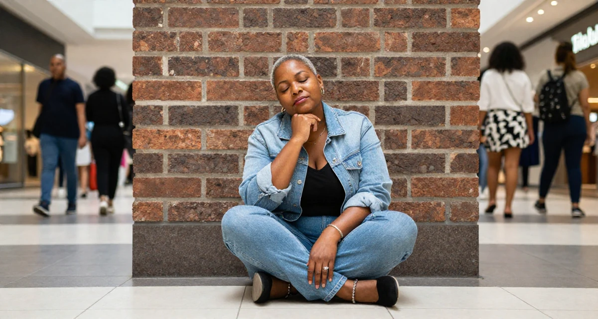 A sleepy Female From South Africa, based in Cape Town, graduated from a fashion university majoring in body-positive styling in their 33, navigating the complexity of senior leadership, wearing a relaxed streetwear, touching the chin thoughtfully in a shopping mall atrium.