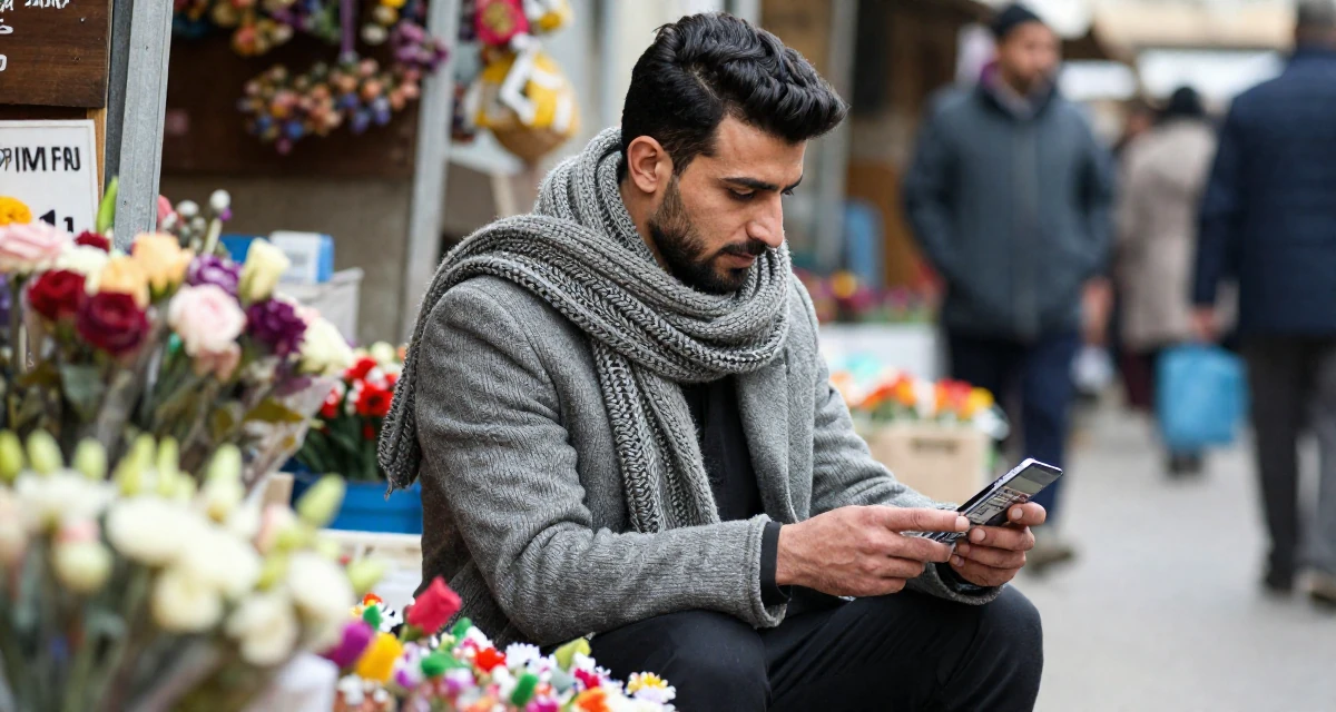 A sophisticated male From Afghanistan, majored in agricultural science in their 23, adjusting pricing after analyzing monthly performance, wearing a heavy knit scarf and coat, inspecting an object in a bustling market.