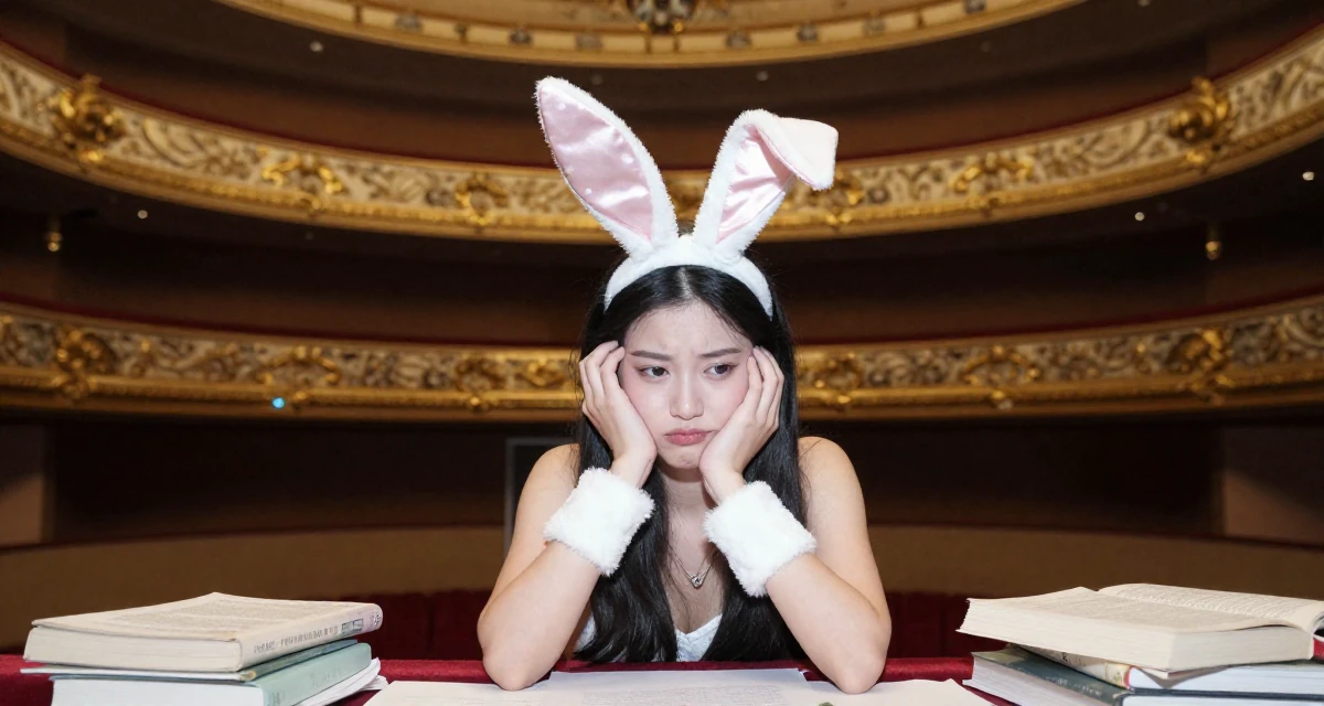 A introspective Female Former geography club member, now producing exploration-themed content in their 21, feeling the anxiety of impending graduation, wearing a playful bunny girl costume with satin ears and cuffs, touching the chin thoughtfully in a opera house balcony.