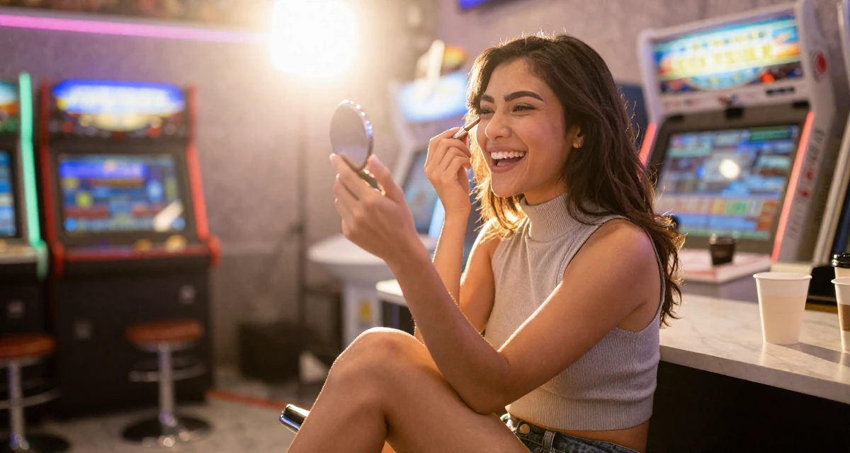 A triumphant Female From Singapore, based in Jurong, graduated from a polytechnic majoring in aesthetic marketing in their 25, exploring safe ways to promote content without judgment, wearing a high-neck sleeveless crop top showing toned arms, checking makeup in a compact mirror in a arcade room with neon lights.