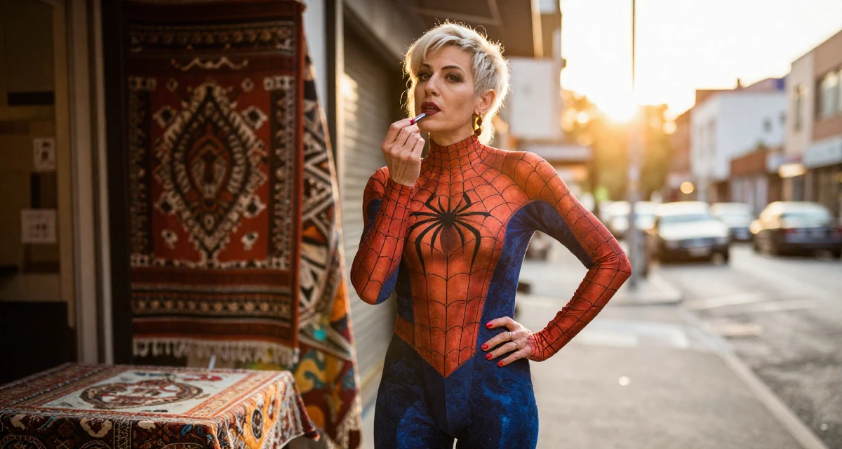 A self-assured male Once a tattoo shop cashier, now modeling body-art-centric content in their 46, fashionista proving style has no age limit, wearing a spider-themed villainess suit, applying lipstick in a urban street.