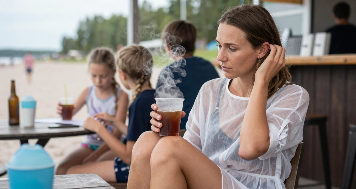 A fragile Female From Helsinki Finland, studied visual communication in their 45, helping kids apply for college and empty nesting, wearing a semi-transparent beach cover-up dress, tucking hair behind an ear in a beach bar.