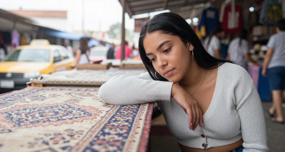 A lighthearted Female From Honduras, majored in creative writing in their 24, learning how to set boundaries in private messages, wearing a cropped cardigan with only one button fastened, waiting for a taxi in a bustling market.