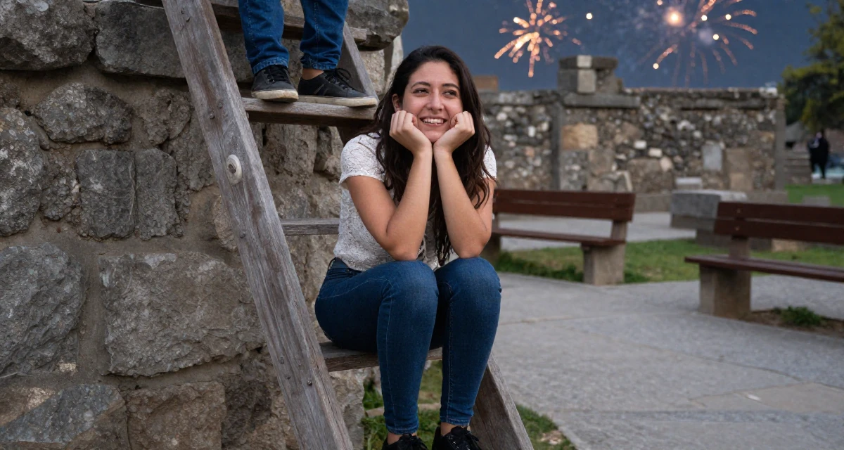 A wistful Female From Chile, based in Santiago, graduated from a communication college majoring in aesthetic storytelling in their 28, feeling behind while peers climb stable career ladders, wearing a lace-up front top and skinny jeans, laughing uncontrollably in a ancient stone ruins.